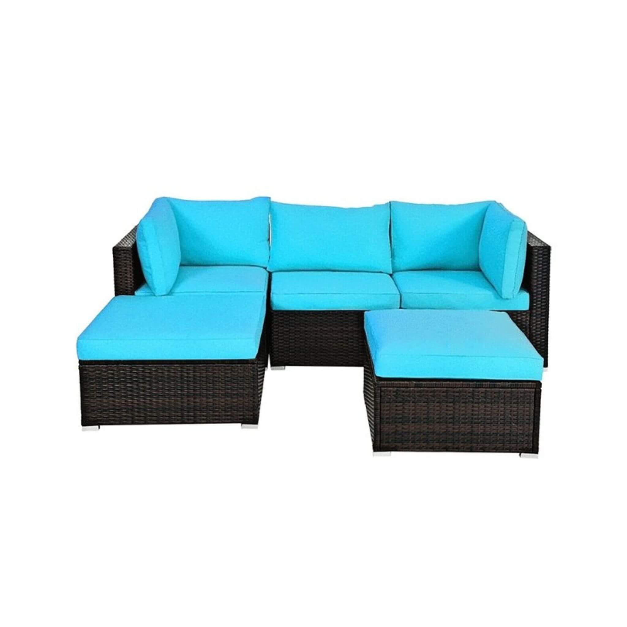 Alora outdoor patio rattan sectional sofa set in turquoise, featuring five pieces for conversation and relaxation.