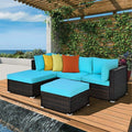 Turquoise rattan outdoor sectional sofa set, 5 pieces, arranged in a lifestyle setting for patio conversation.
