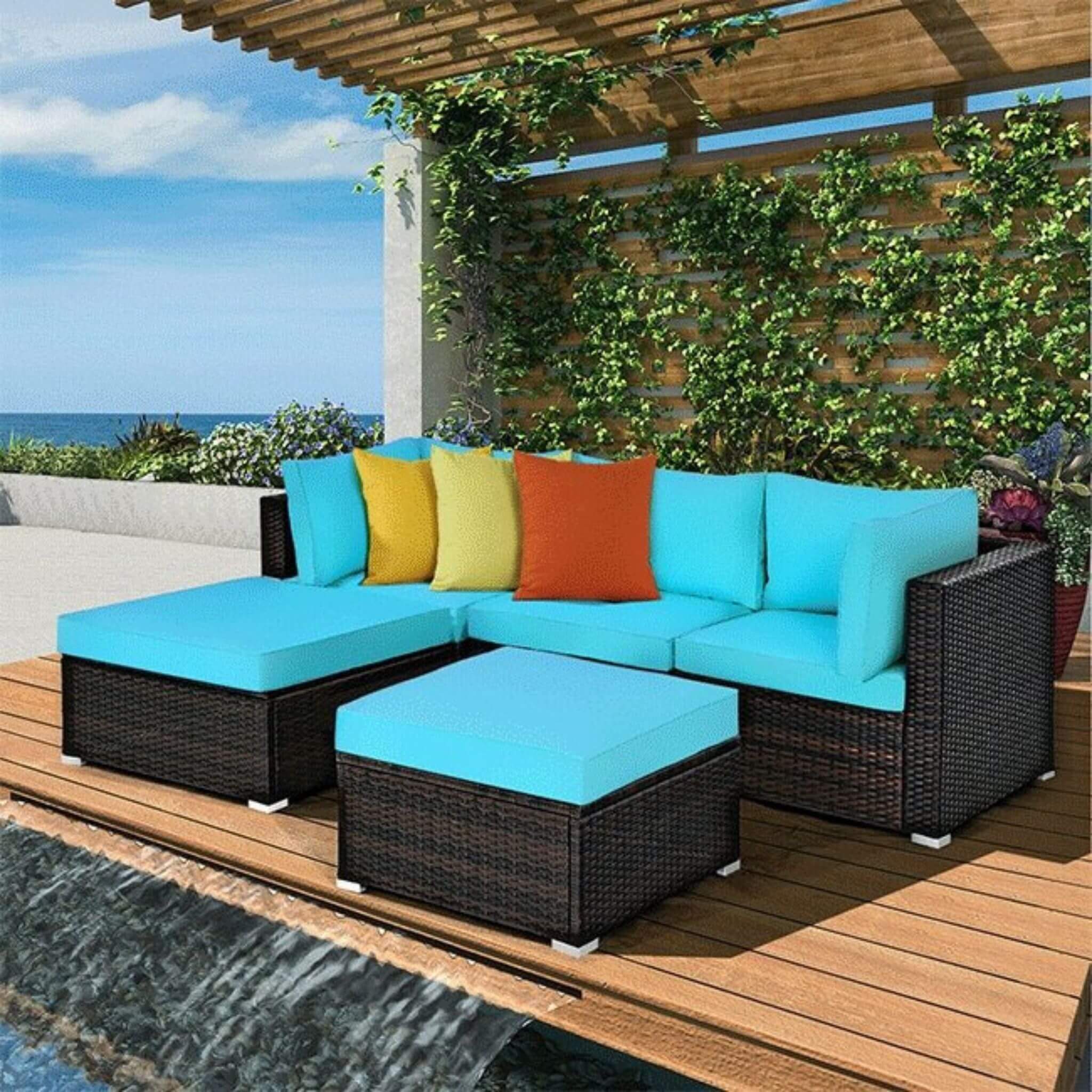 Turquoise rattan outdoor sectional sofa set, 5 pieces, arranged in a lifestyle setting for patio conversation.
