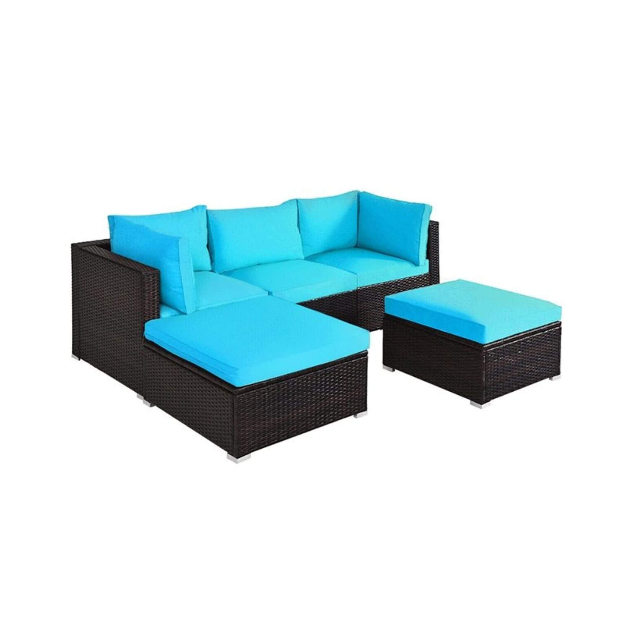 Side view of Alora outdoor patio rattan turquoise sectional sofa set, featuring five comfortable pieces for conversation.