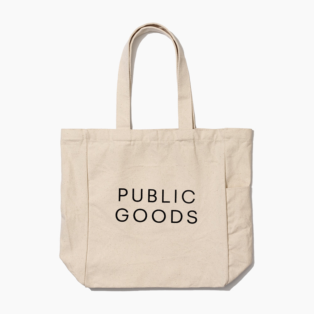 Organic cotton canvas tote bag by Public Goods, showing a spacious, eco-friendly household reusable bag with sturdy handles.