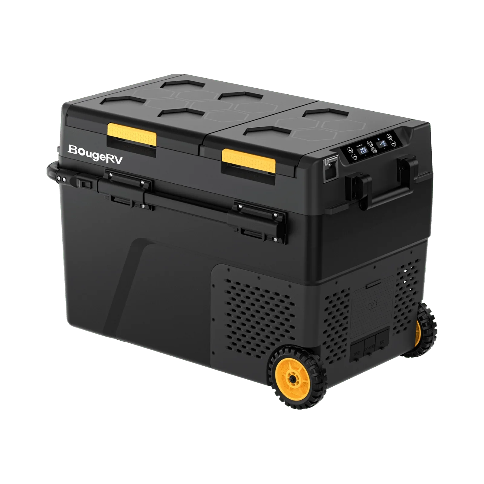 Green Vista Living BougeRV CRD2 Dual Zone Solar Battery Portable Fridge Kit with 52-quart fridge and freezer compartments.