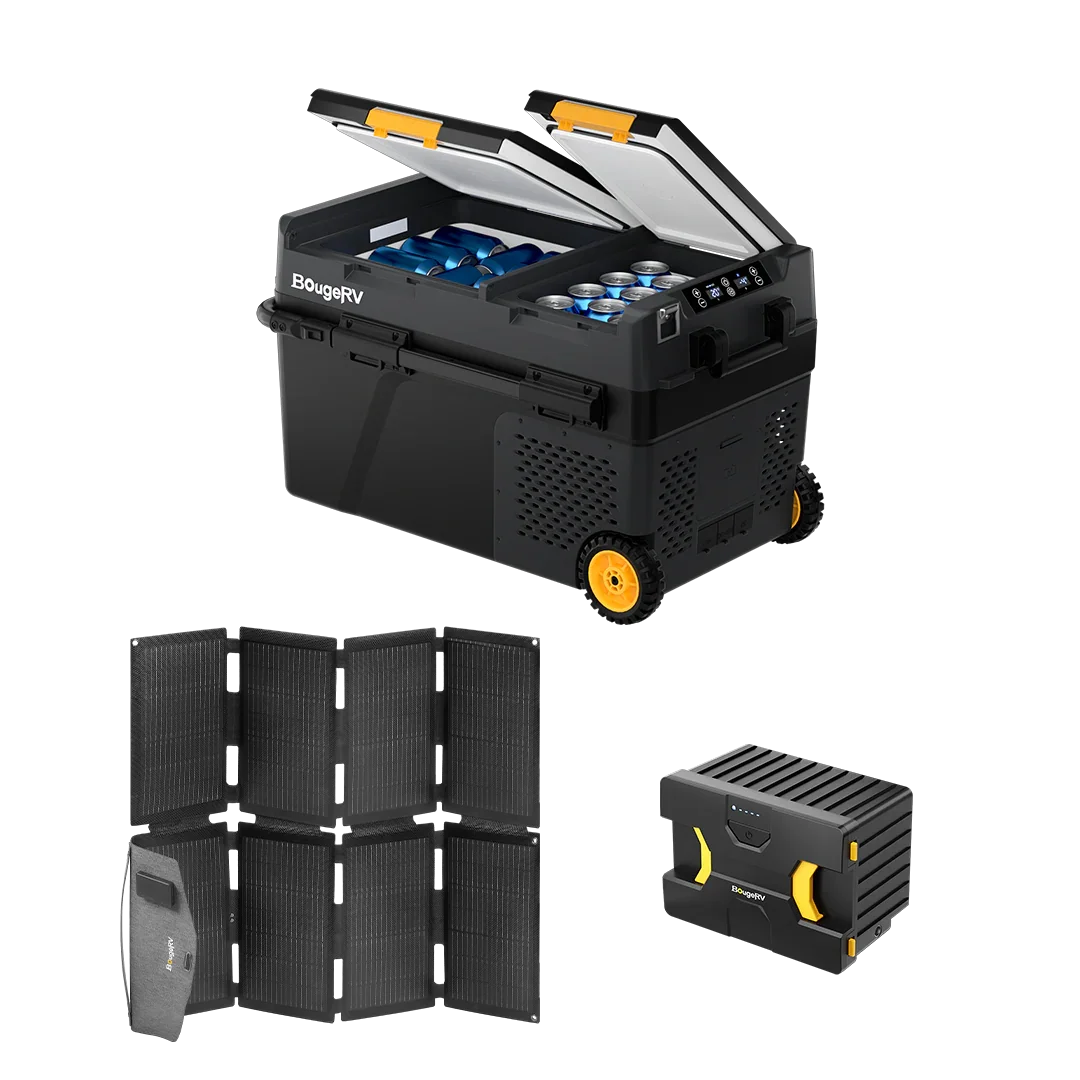 Green Vista Living BougeRV CRD2 Dual Zone Solar Battery Portable Fridge Kit with control panel and accessories.
