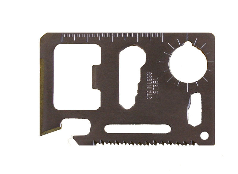 Stainless steel 11-in-1 credit card multi-tool with various functions, compact wallet survival tool for emergencies and outdoor use.