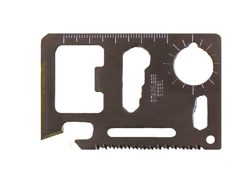 Stainless steel 11-in-1 credit card multi-tool with various functions, compact wallet survival tool for emergencies and outdoor use.