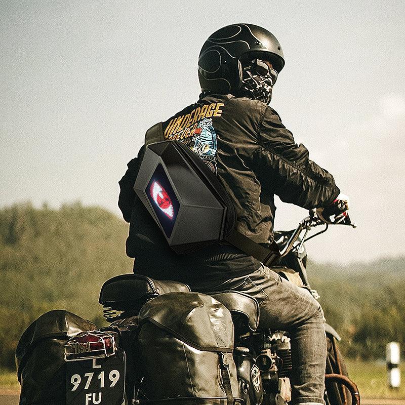 Bean's Moto Booth Crelander™ Devil's Eye LED water-resistant motorcycle shoulder bag with LED lights and durable design.