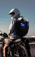 Bean's Moto Booth Crelander™ LED hard shell motorcycle backpack, water-resistant and durable motorcycle bag with LED light features.