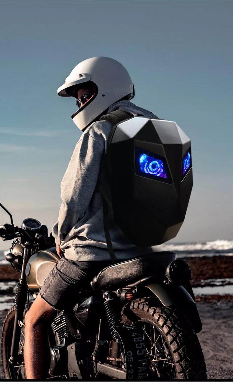 Bean's Moto Booth Crelander™ LED hard shell motorcycle backpack, water-resistant and durable motorcycle bag with LED light features.