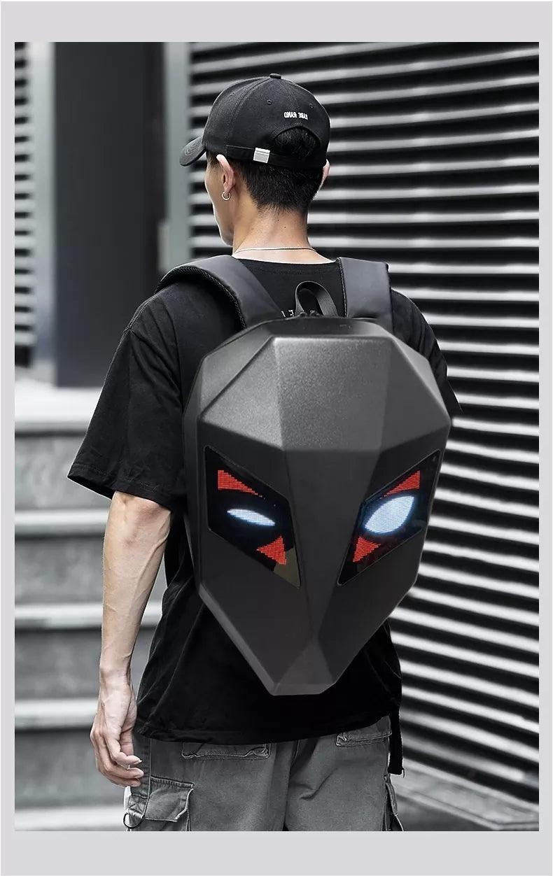 Bean's Moto Booth Crelander™ LED hard-shell motorcycle backpack, water-resistant with LED lights, designed for motorcycle riding.
