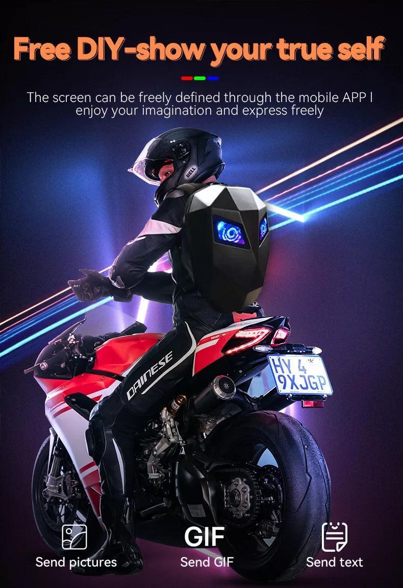 Bean's Moto Booth Crelander™ LED hard shell motorcycle backpack, water-resistant with durable design and built-in LED lighting, for riders.