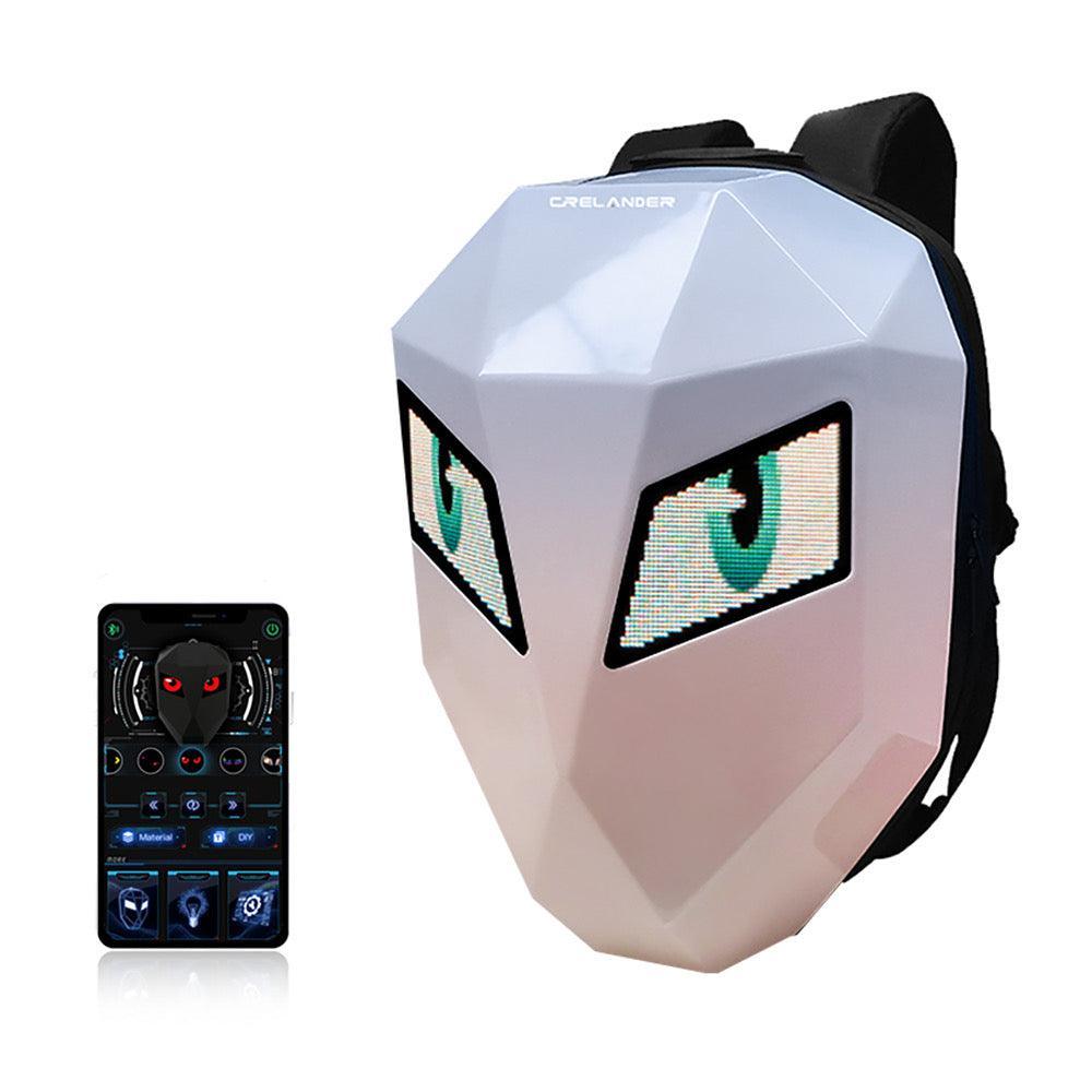 Bean's Moto Booth Crelander™ LED hard-shell motorcycle backpack, water-resistant with LED lighting, shown on a motorcycle rider.