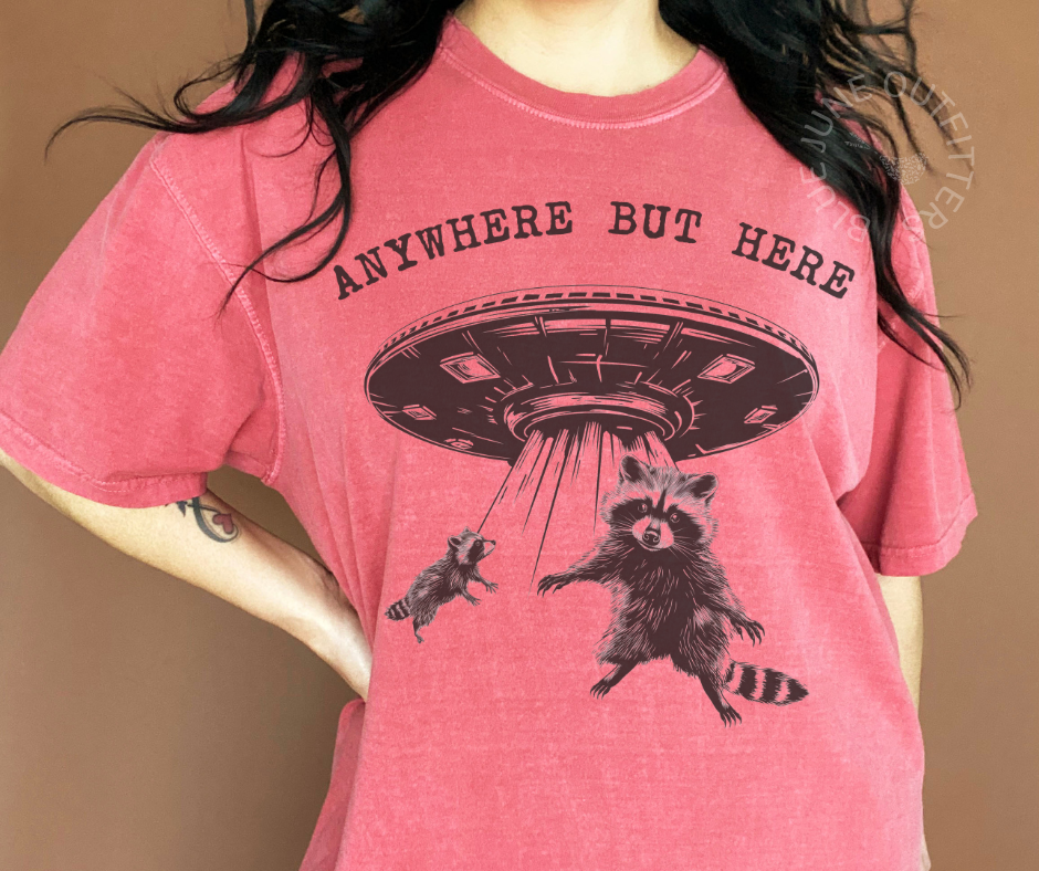 Comfort Colors UFO raccoon T-shirt featuring a humorous design, perfect for casual wear by Blue June Outfitters.