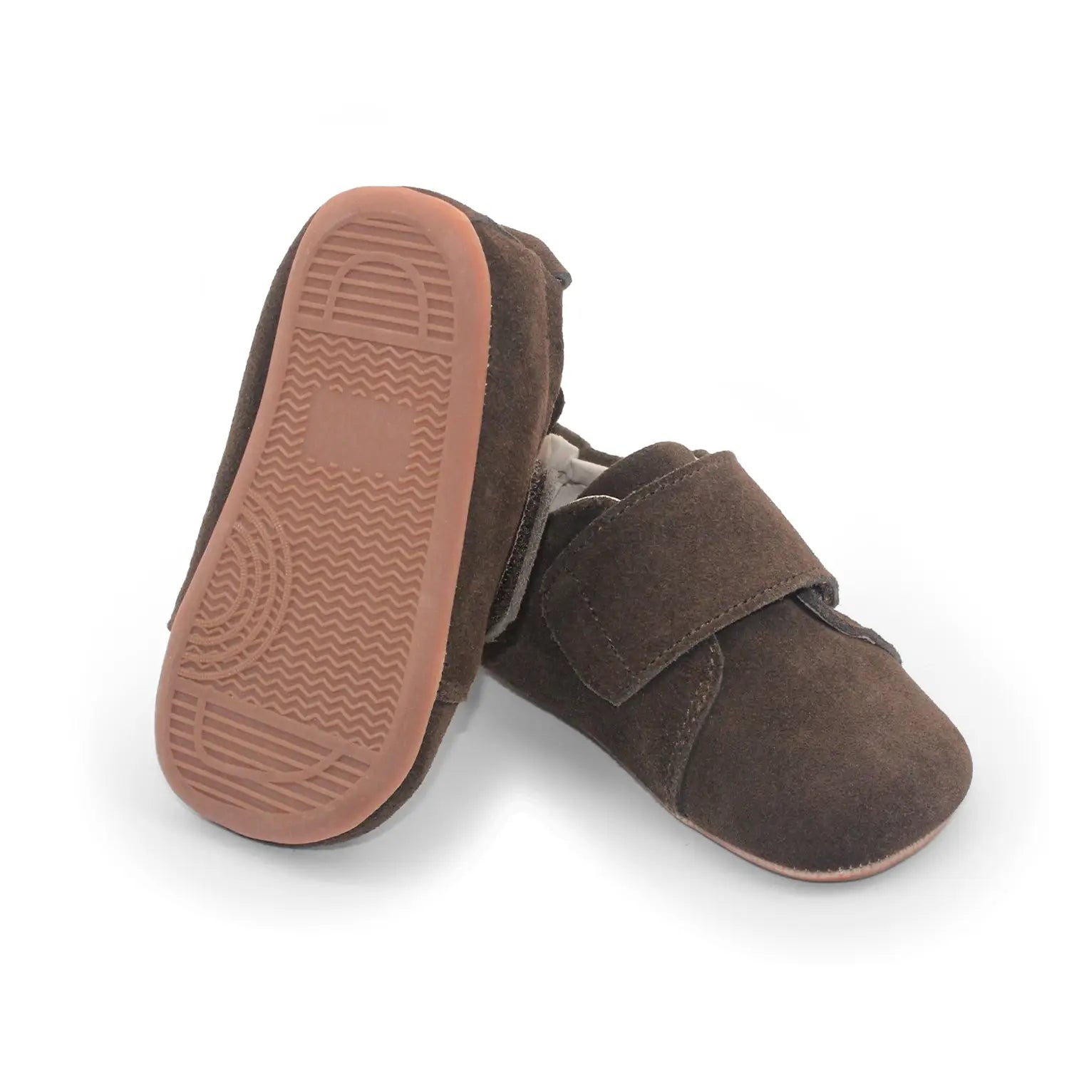 Bearfoot Cub SV toddler shoe in cocoa brown suede, featuring soft soles and adjustable straps for young children.