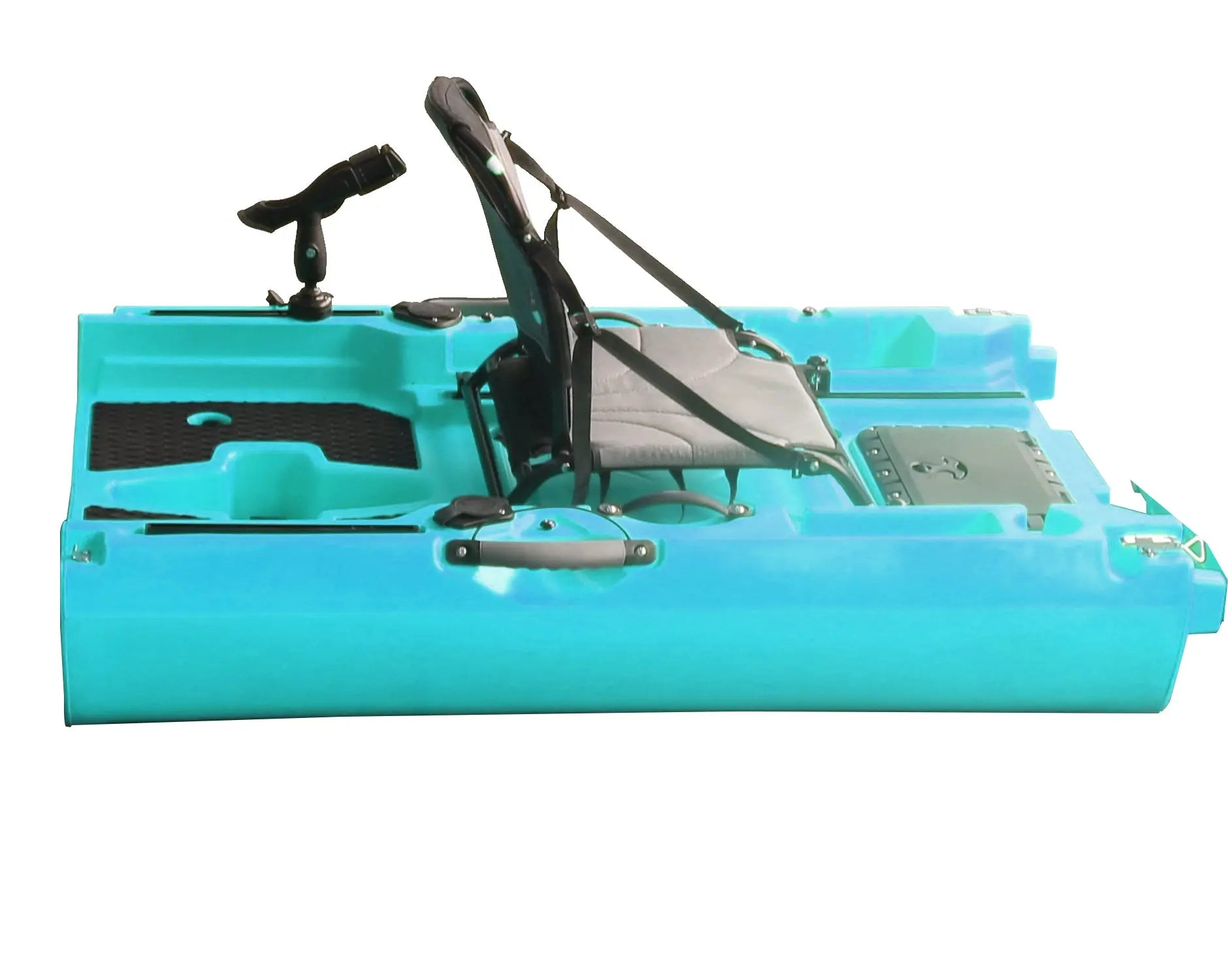 ReelYaks modular kayak middle expansion section in cyan, designed to convert a solo kayak to tandem for versatile paddling.