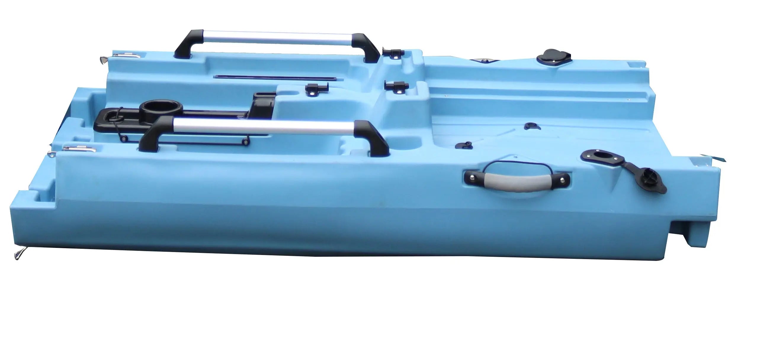 ReelYaks modular kayak middle expansion section in cyan, designed to convert a solo kayak into a tandem setup.