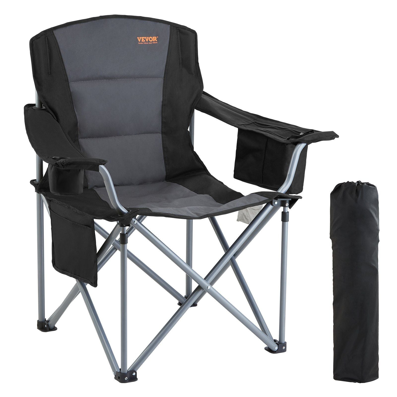 VYSN camping folding chair for adults, black outdoor chair with lumbar support, padded arms, side pockets, cup holder, and cooler bag.