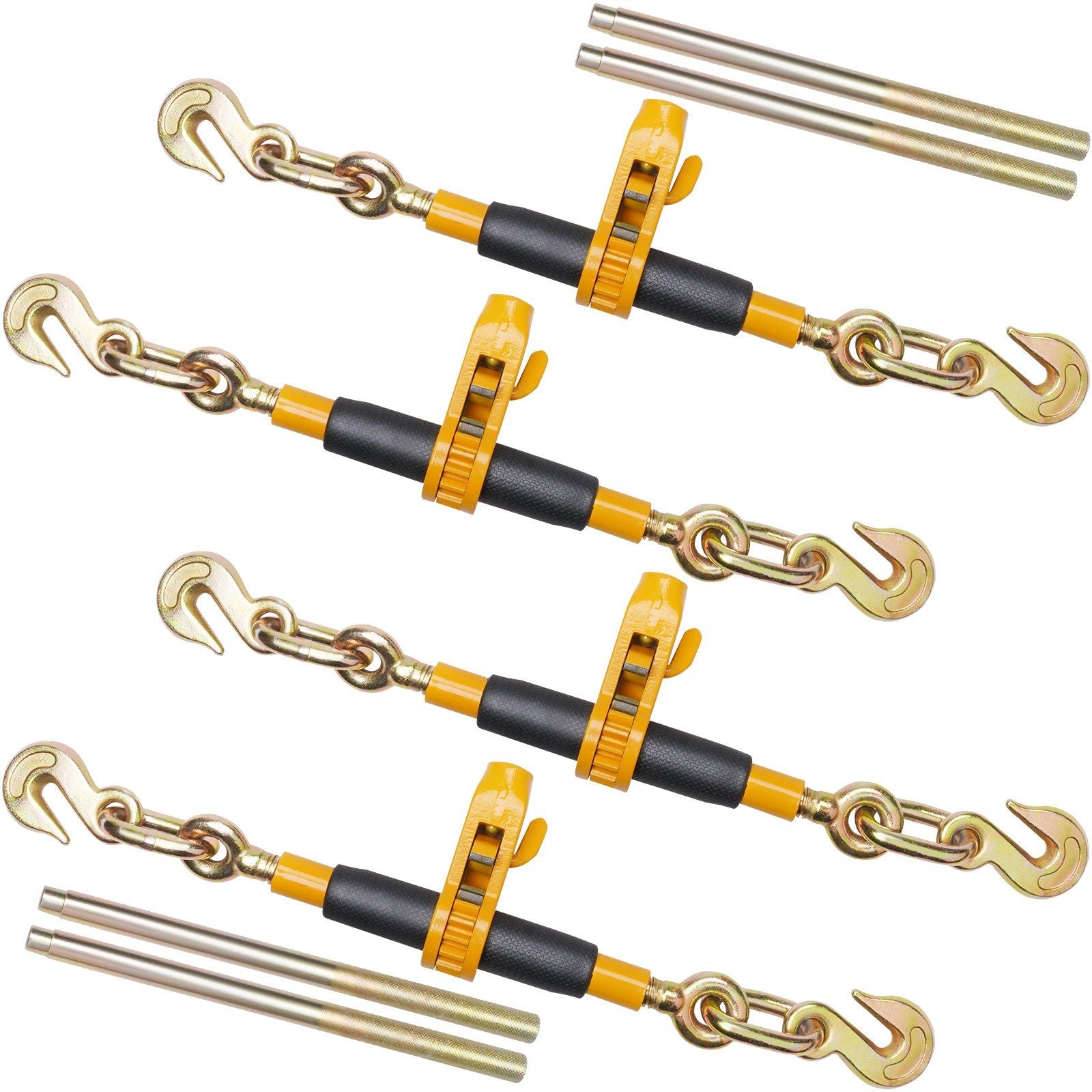 Heavy duty ratchet chain binder with G80 hooks and anti-skid handle for secure hauling on flatbed trucks, 5/16 to 3/8 inch size.