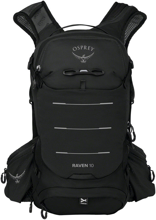 Osprey Raven 10 black hydration pack featuring adjustable straps and a streamlined design for outdoor adventures.