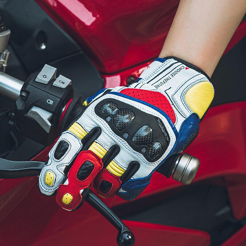 Alien Snail™ motorcycle tactical racing gloves by Bean's Moto Booth featuring black carbon fiber material and reinforced knuckles.