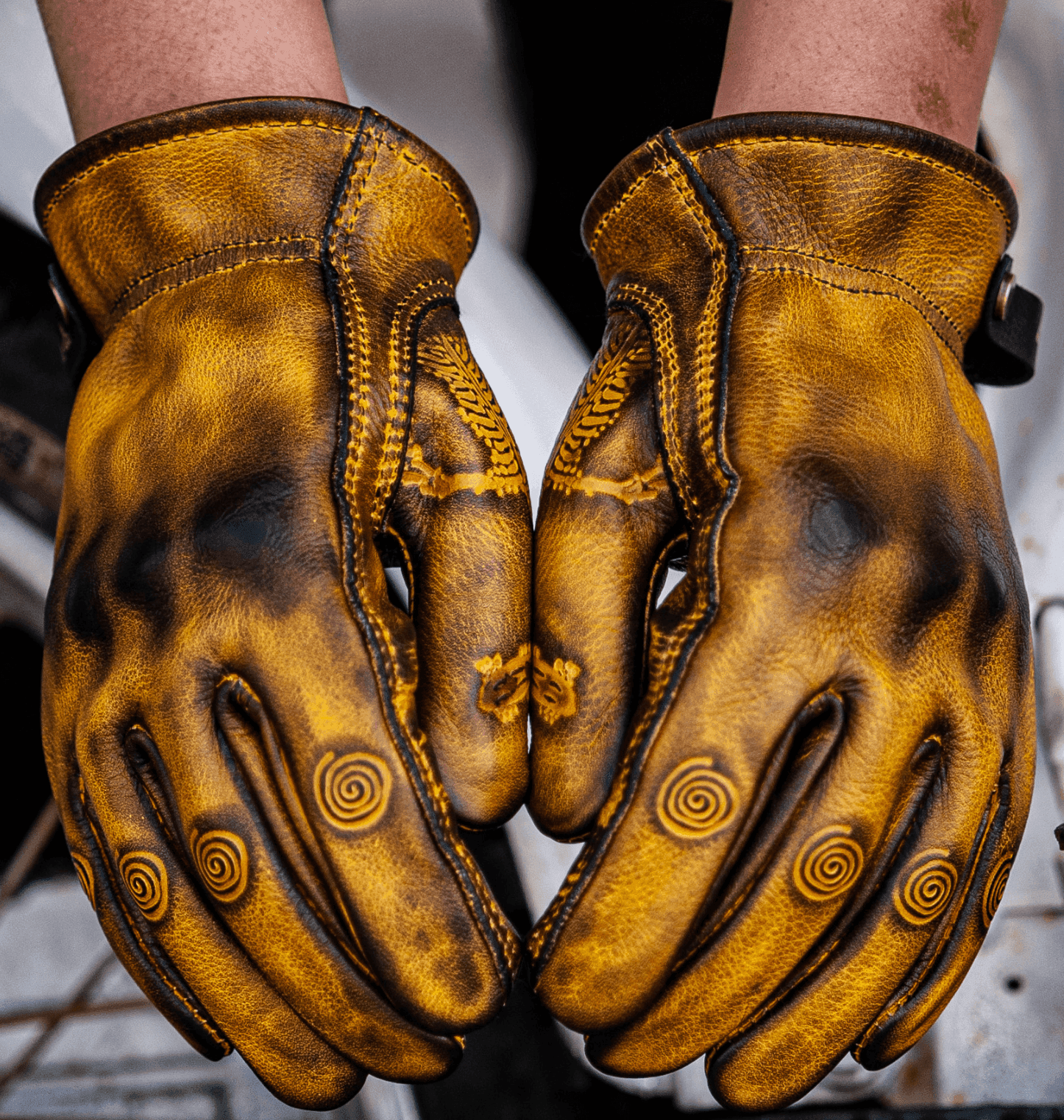 Indian Monkey™ handcrafted AAA cowhide motorcycle gloves with reinforced palms and stylish design by Bean's Moto Booth.
