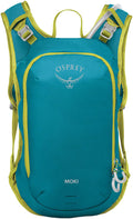 Osprey Moki 3 Hydration Pack in Blue Spikemoss with adjustable straps and hydration bladder, designed for outdoor activities