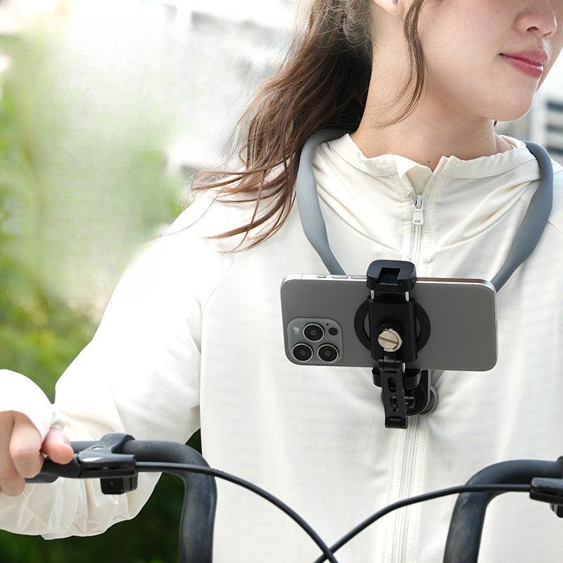 Bean's Moto Booth TELESIN neck-mounted phone and camera holder, adjustable camera mount worn around the neck for hands-free filming.