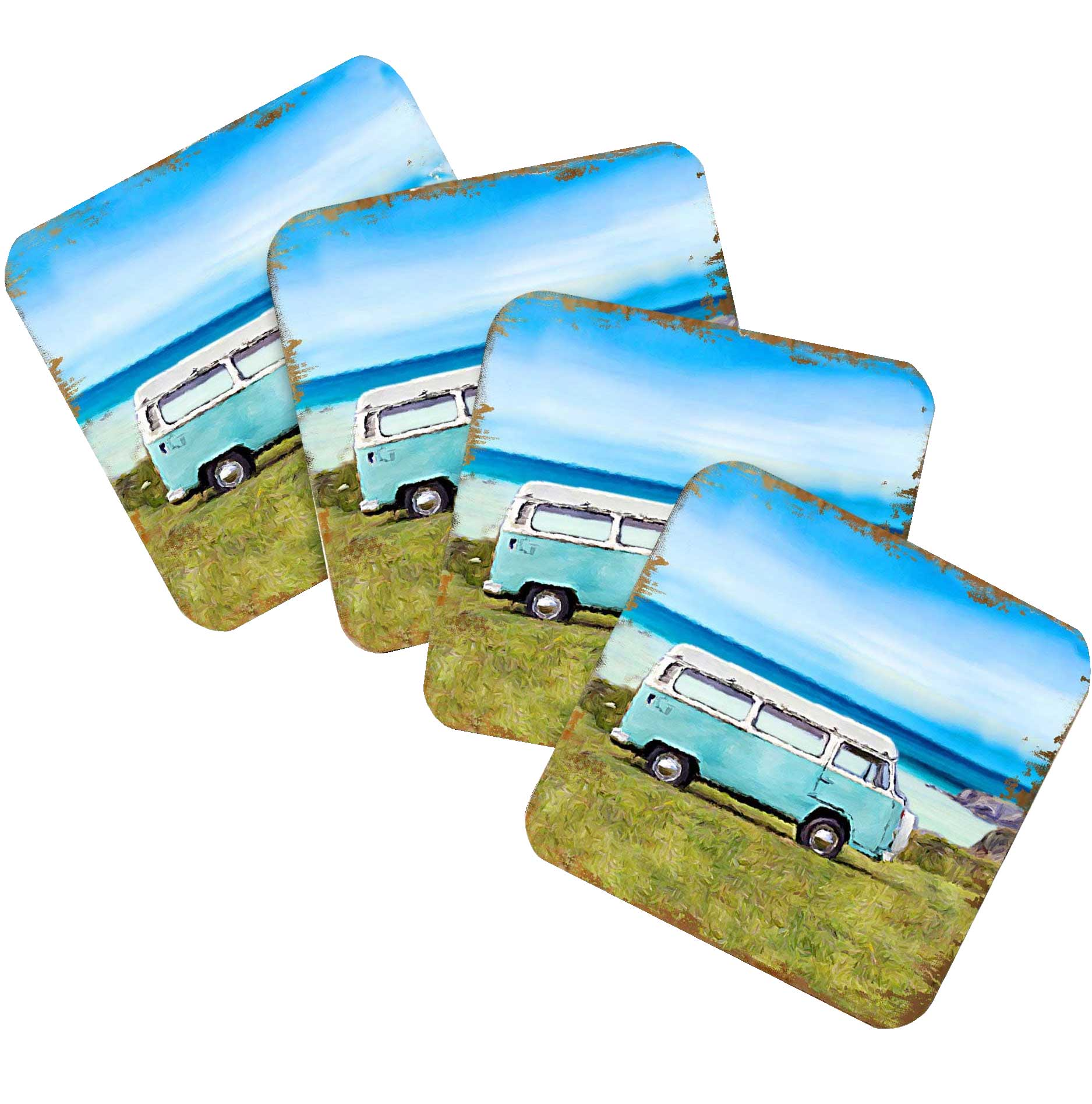 Van Coastal Wooden Cork Coasters Gift Set of 4 by Nature Wonders - Coastal Sea-Life Decor - 95269C-S4