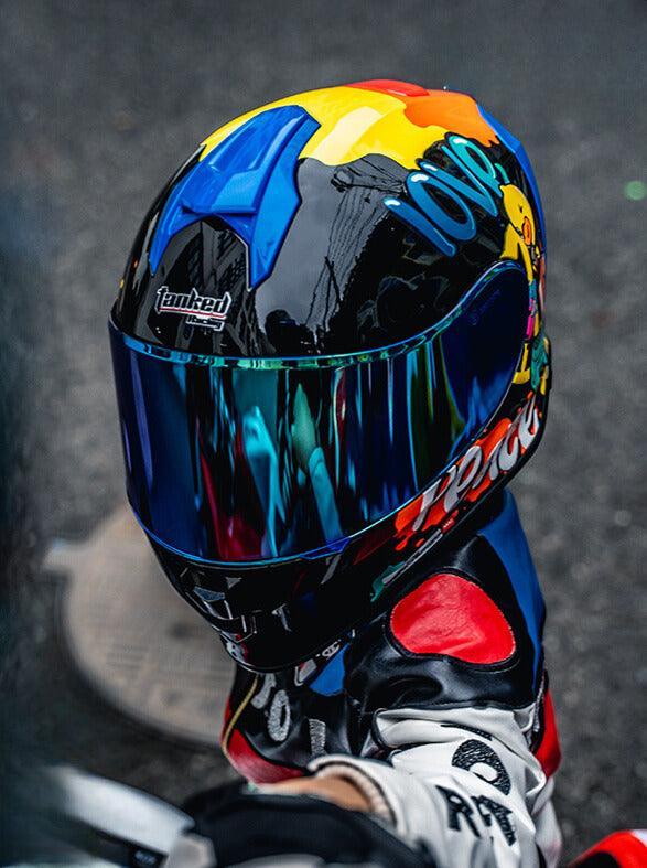 Bean's Moto Booth TANKED RACING™ children's motorcycle helmet with colorful design and adjustable strap, safety visor, and vibrant graphics.