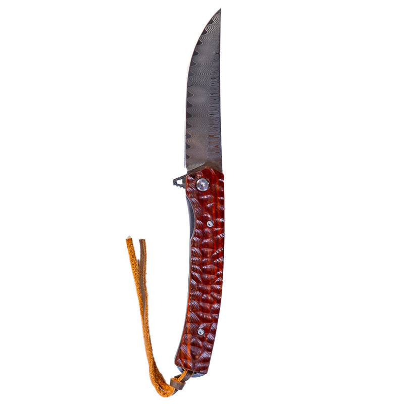 Damascus Flipper Knife Scraped Wood Handle Liner Lock 3.75" Blade 8.2" EDC - We The Collective