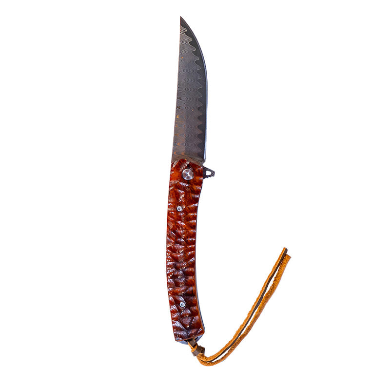 Damascus Flipper Knife Scraped Wood Handle Liner Lock 3.75" Blade 8.2" EDC - We The Collective