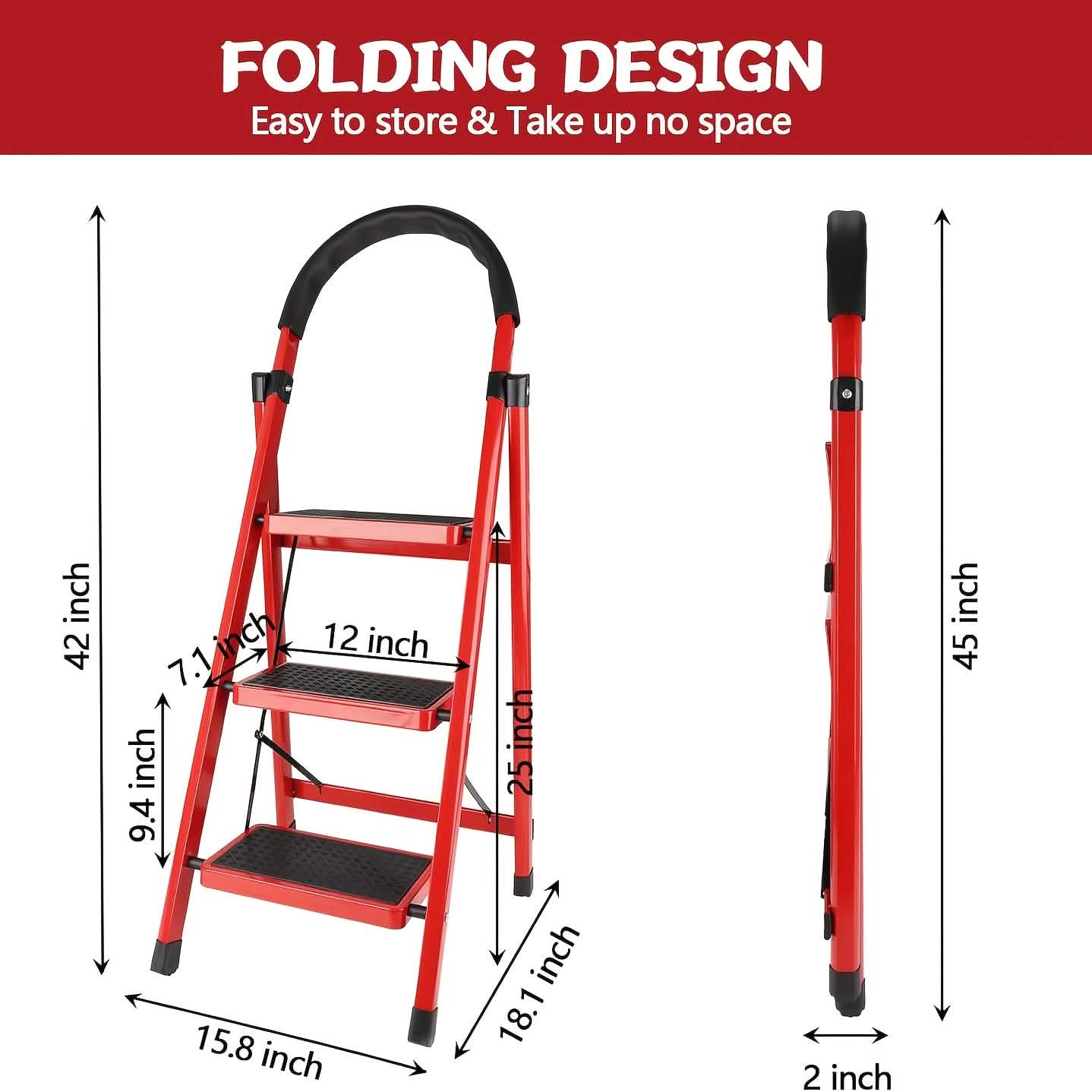 Portable steel folding 3/4-step ladder with anti-slip steps, ideal for kitchen tools and gadgets, by DailySale.