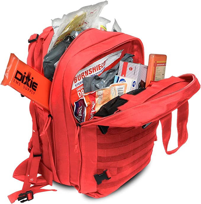 Deluxe Tactical Medical Kit by MediTac Kits featuring a CAT Tourniquet and essential bleeding control supplies in a first responder bag.