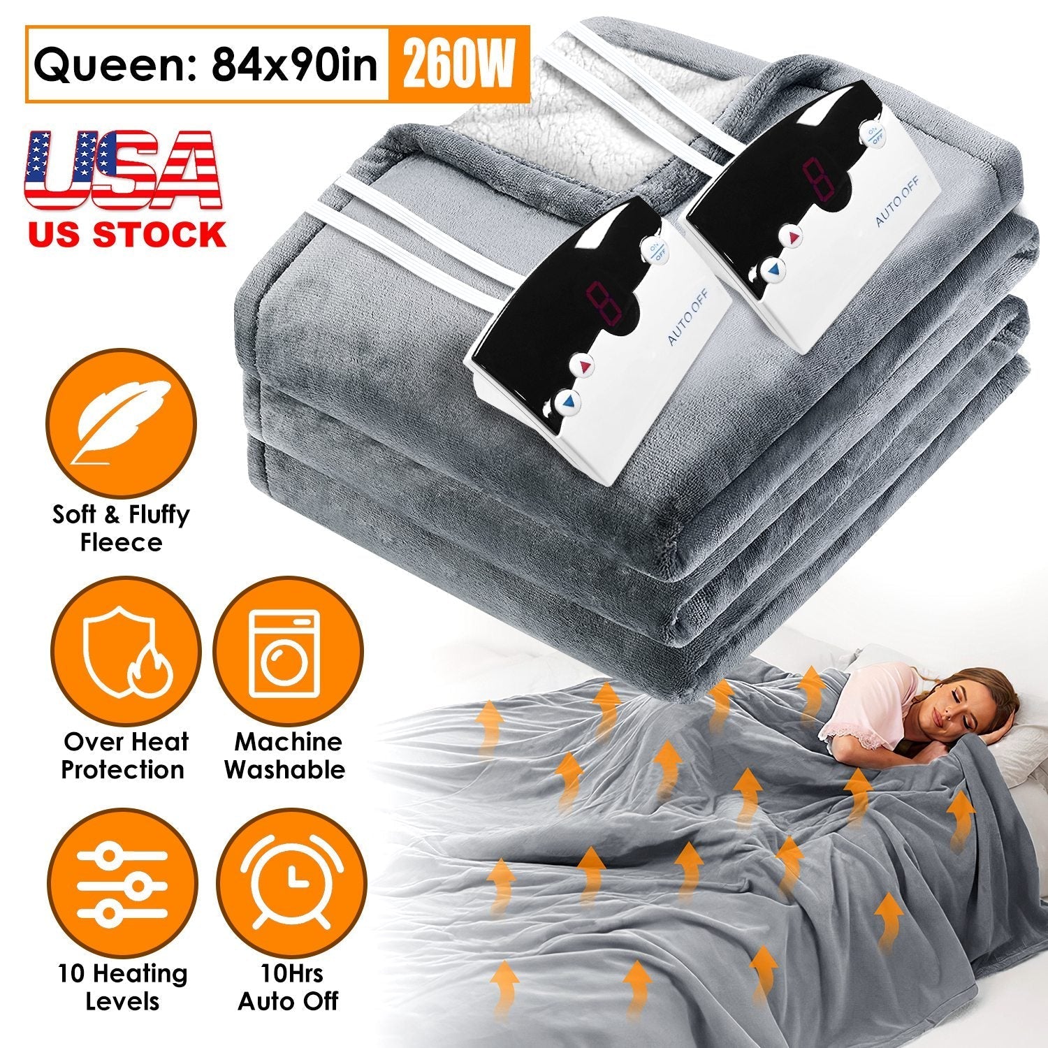 Electric Heated Queen Size Fleece Heated Blanket with Dual Controller 10 Heating Levels 10 Hours Auto Off Machine Washable for Home Office Usage 84x90 - OVERLANDERS Outfitter