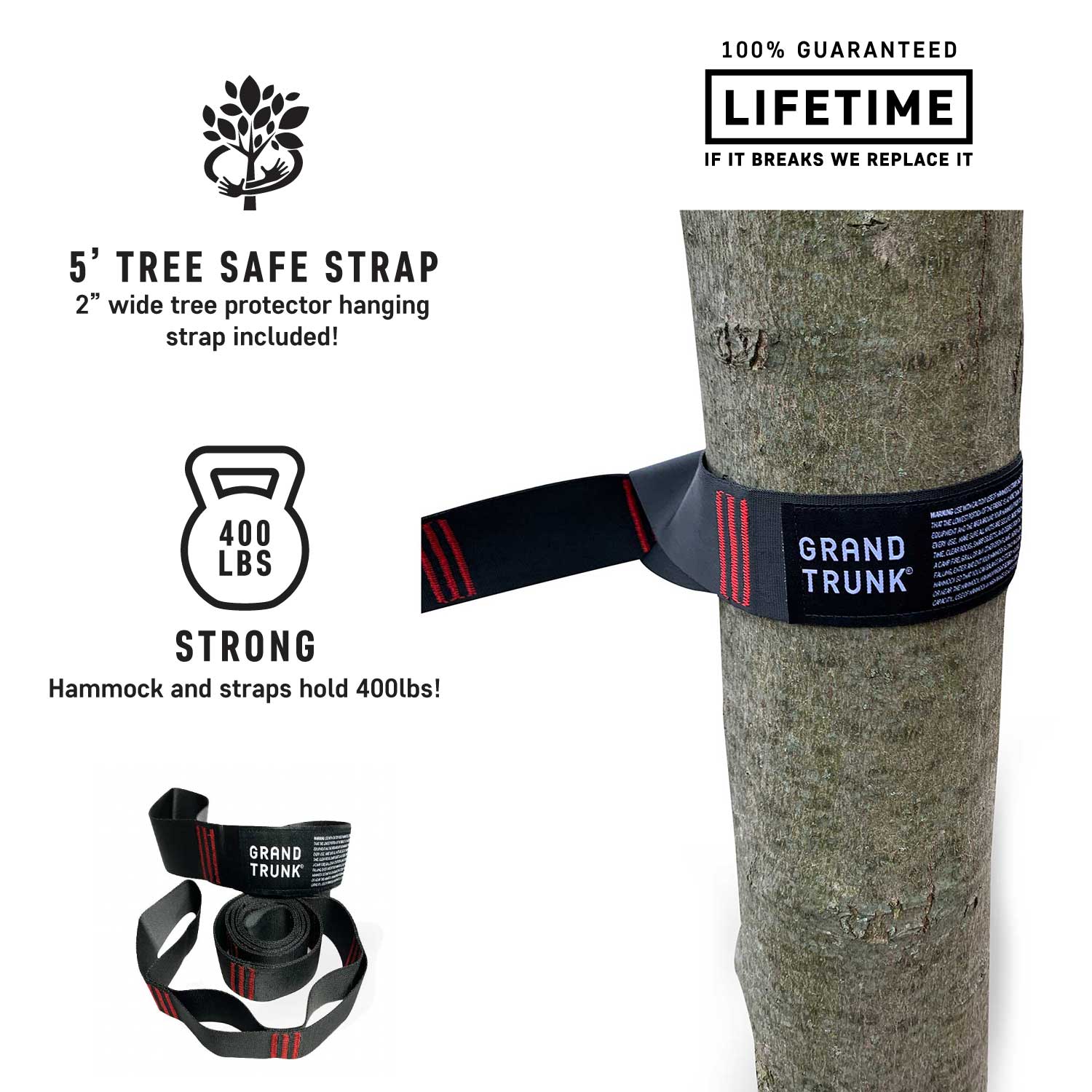 GrandTrunk Double Deluxe Hammock with straps, shown hanging between trees, showcasing comfortable, durable outdoor relaxation.