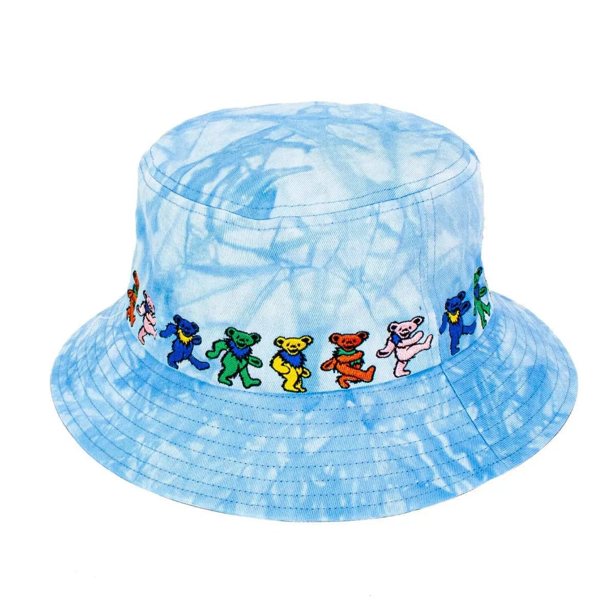Blue Peter Grimm Grateful Dead Jagger dancing bear bucket hat with embroidered design, casual headwear for music fans and outdoor wear.