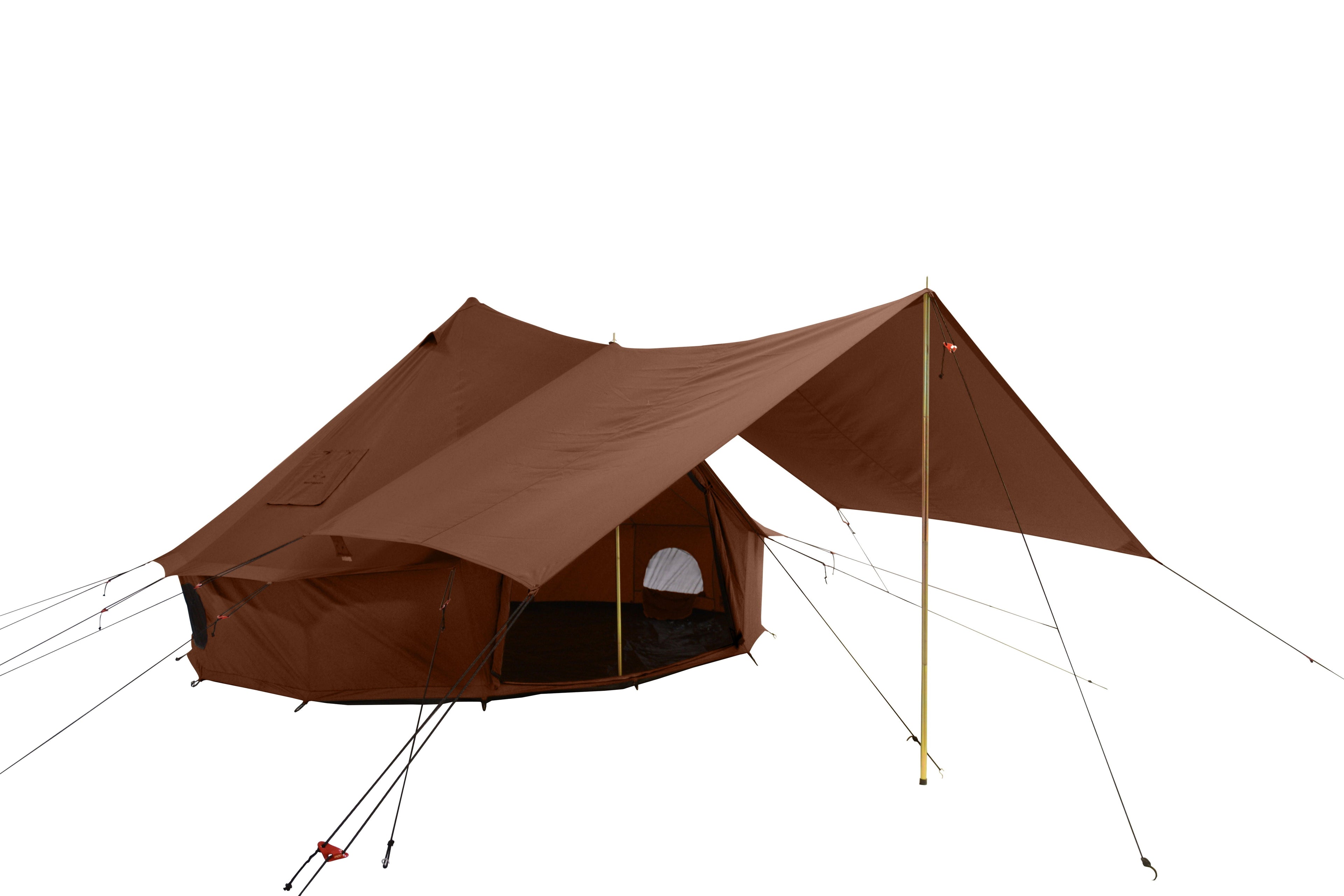 Desert red 10-foot Regatta bell tent awning by White Duck Outdoors set up outdoors, showcasing its spacious, durable design.