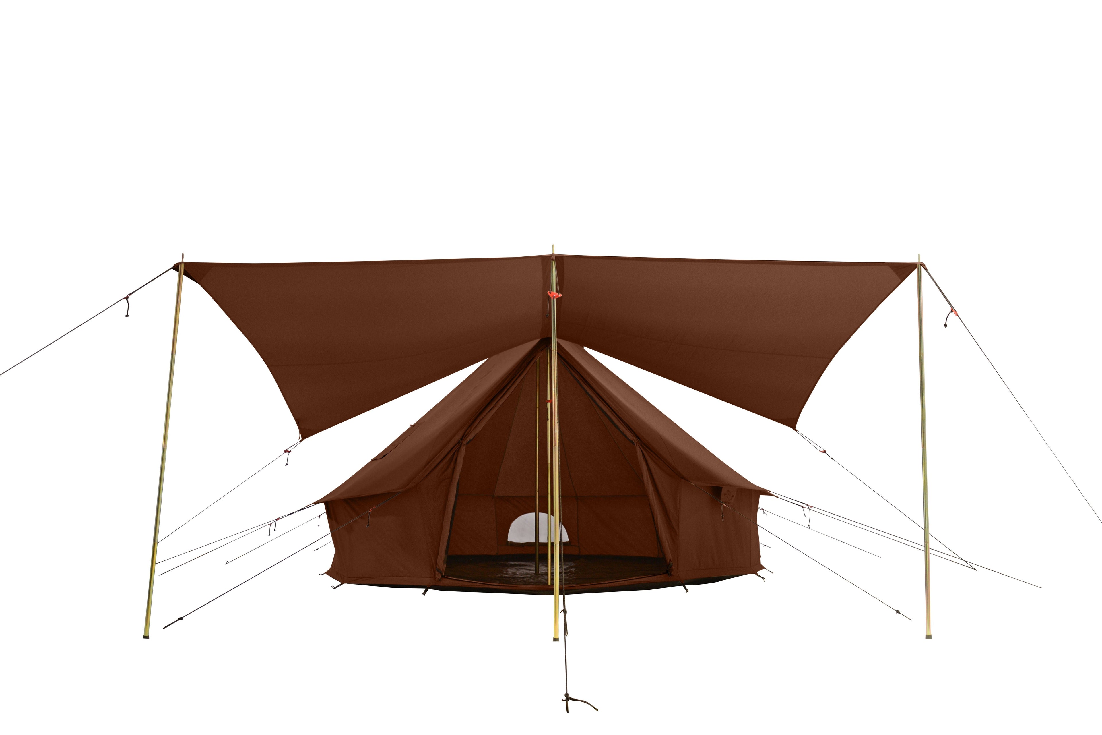 Desert-red Regatta bell tent with White Duck Outdoors awning fully set up, showing the spacious outdoor shelter and tent entrance.