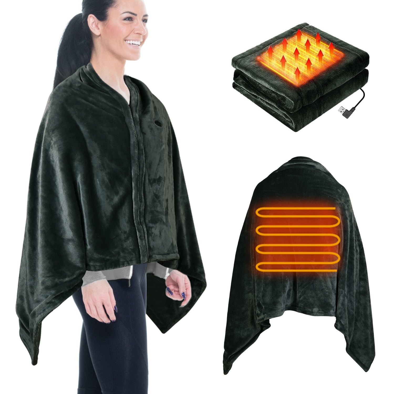 USB Heated Blanket Electric Heated Blanket Heated Poncho Shawl Wrap Throw with Zipper Washable for Home Office 59*31in - OVERLANDERS Outfitter