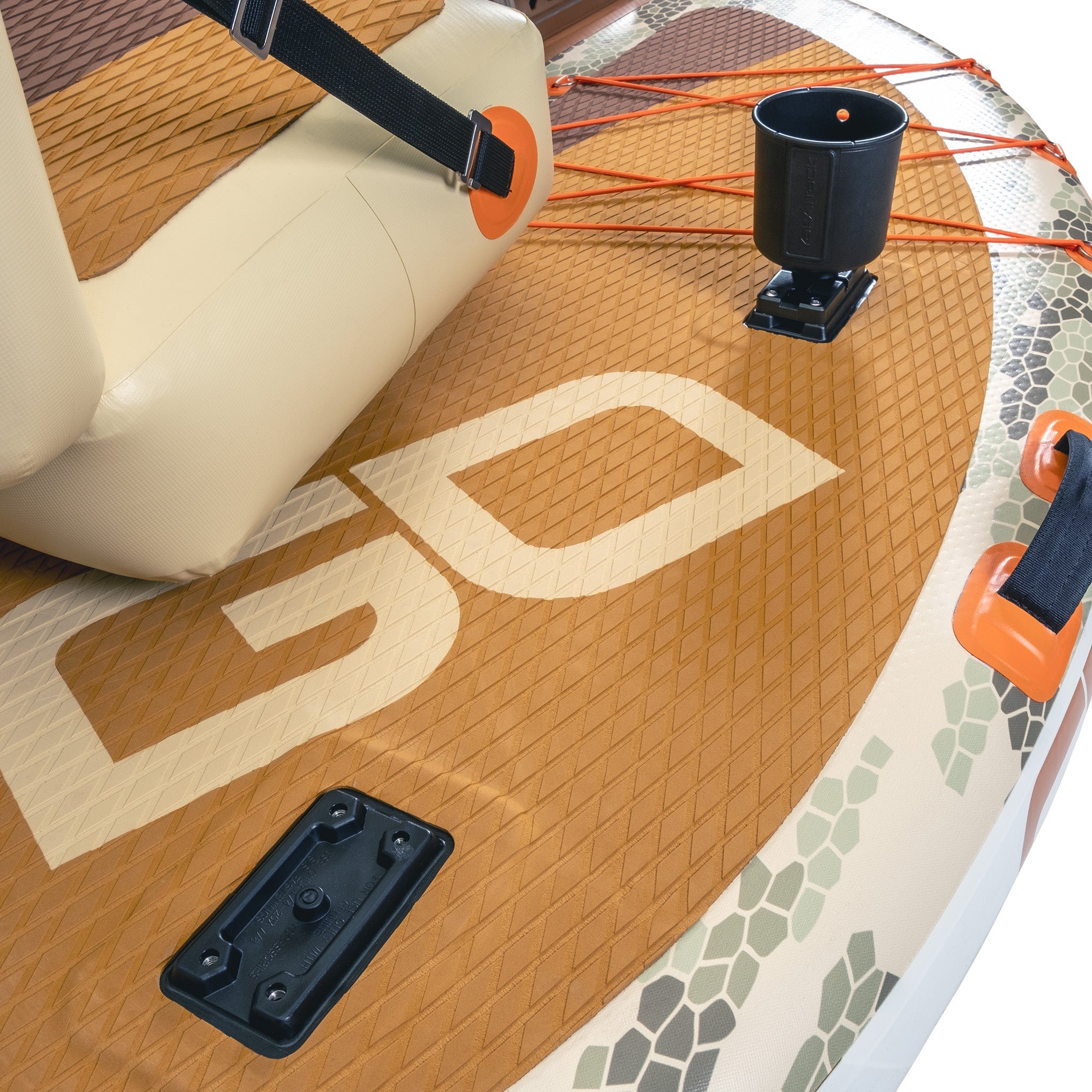Double Fish watercraft deck mounts on a GoBoat, showing sturdy hardware and mounting points for securing the fishing equipment.