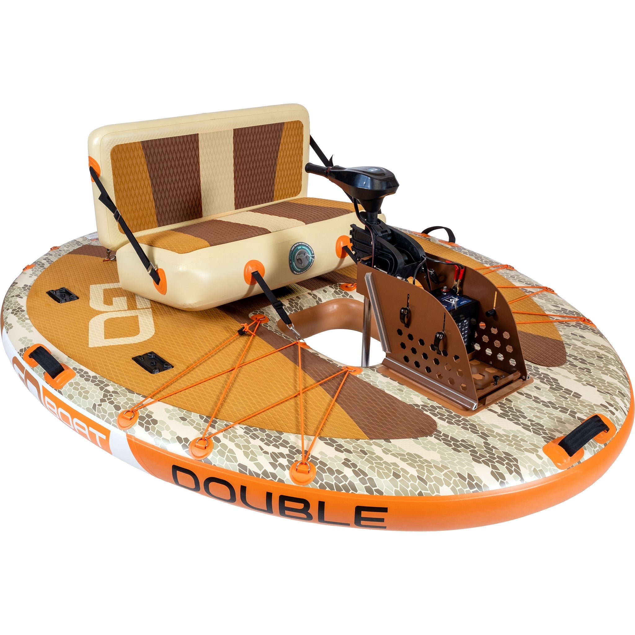 A GoBoat Double Fish watercraft with two seating areas, floating on calm water with a clear sky in the background.