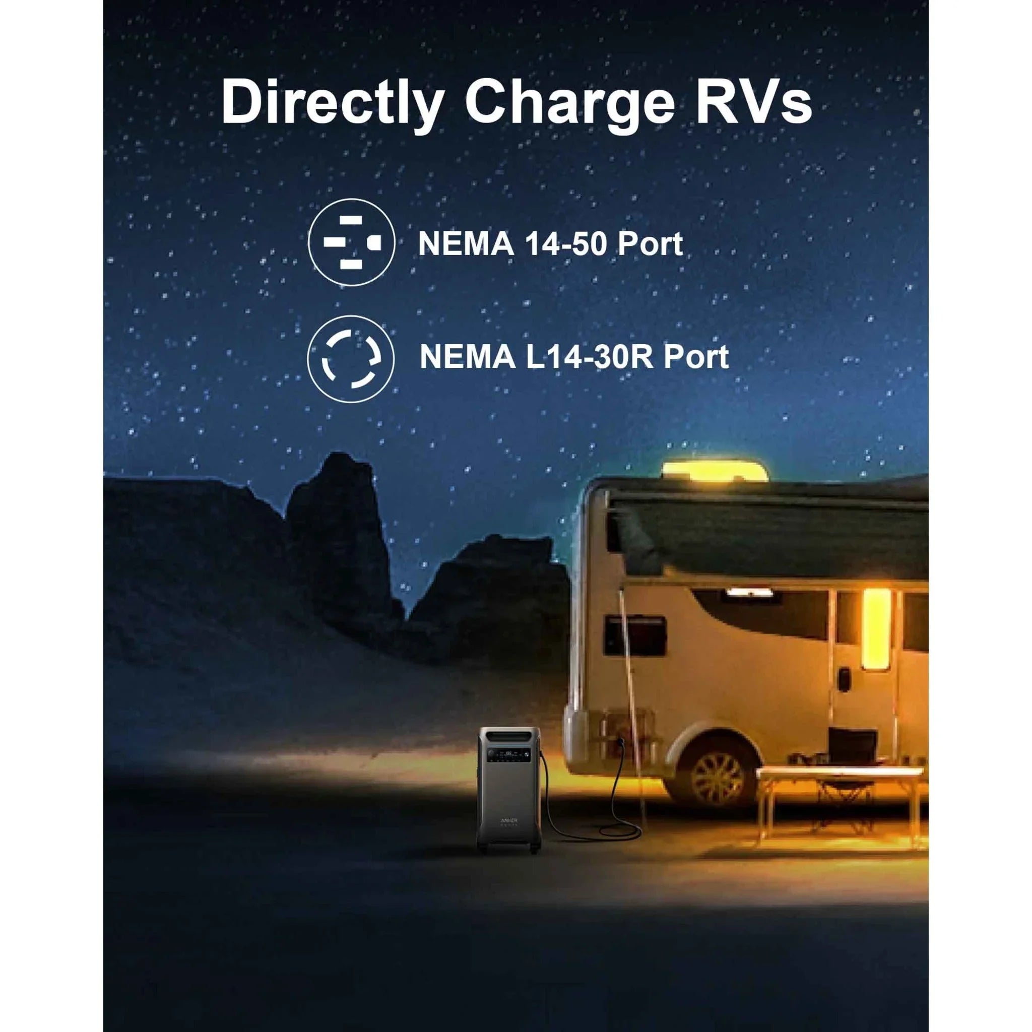 Green Vista Living Anker SOLIX F3800 Solar Generator Kit connected to an RV for direct charging outdoors.