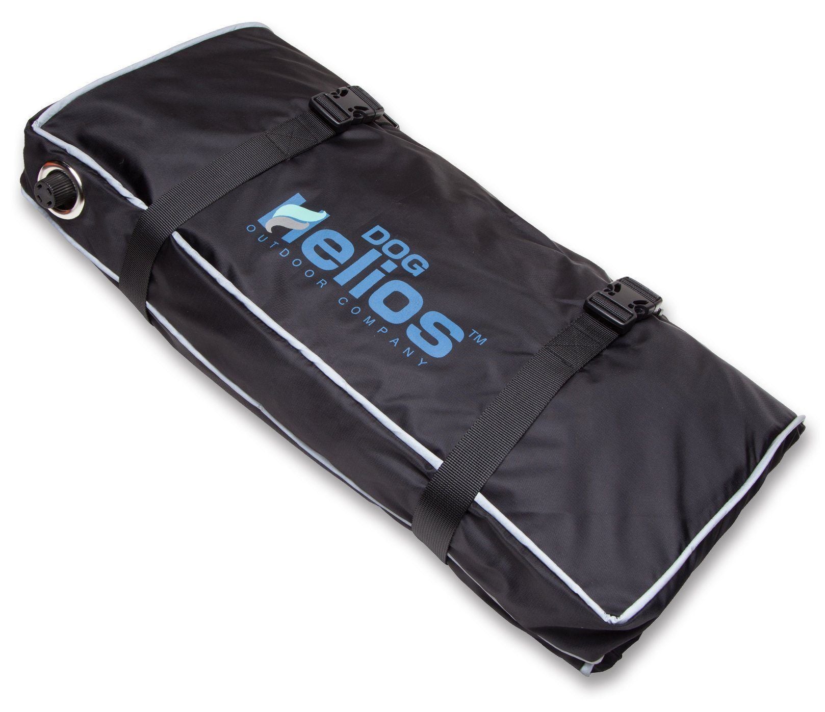 Pet Life Helios Aero-Inflatable waterproof folding dog bed with a dog lounging on the outdoor camping travel mat.