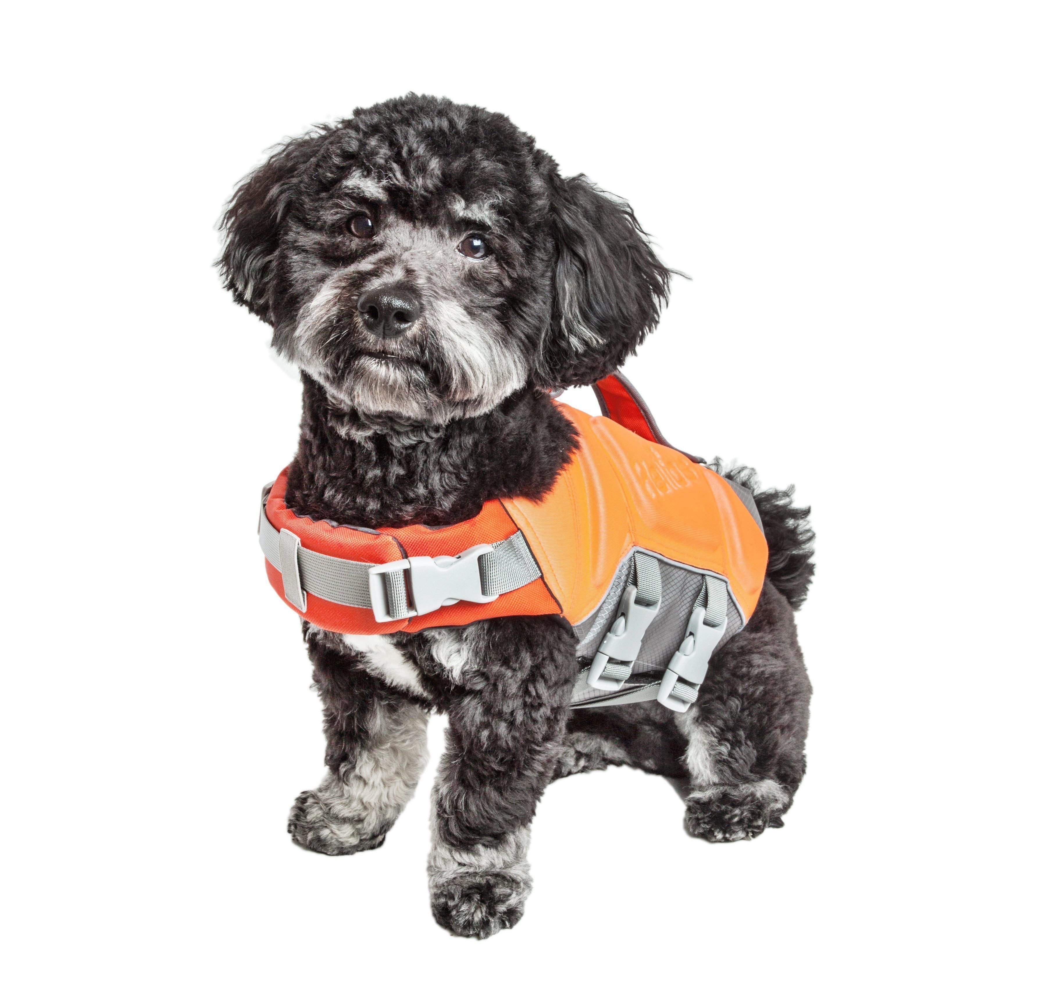 Reflective Pet Life dog life jacket vest with multi-point stitching, designed for safety in water activities.