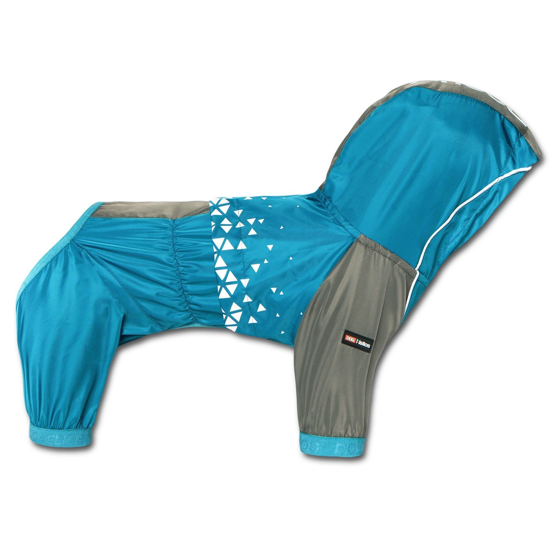 Dog wearing Pet Life Helios Vortex waterproof windbreaker jacket, full-bodied design, suitable for outdoor weather protection.