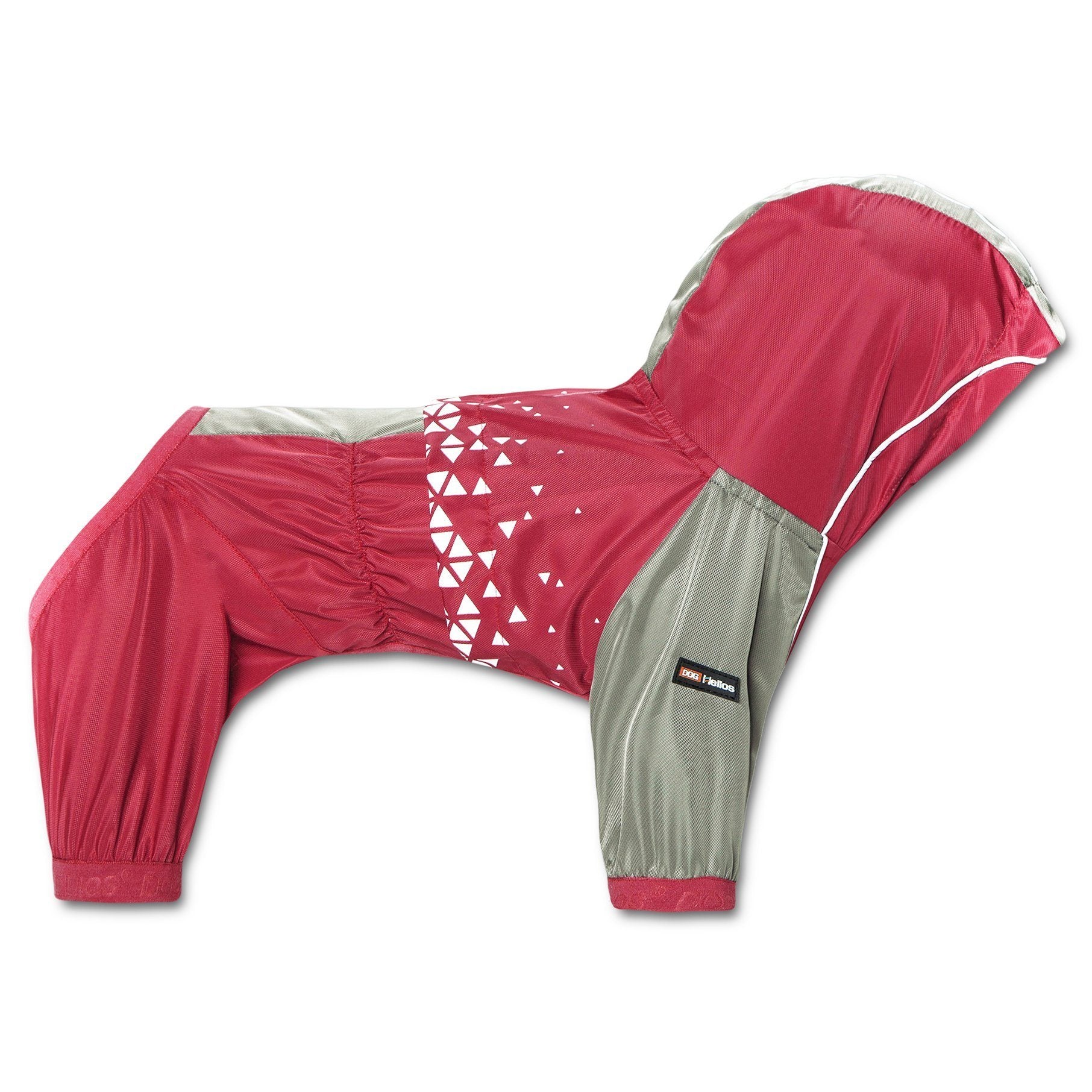 Dog wearing Pet Life Helios Vortex waterproof windbreaker jacket, full-bodied dog apparel for outdoor protection.