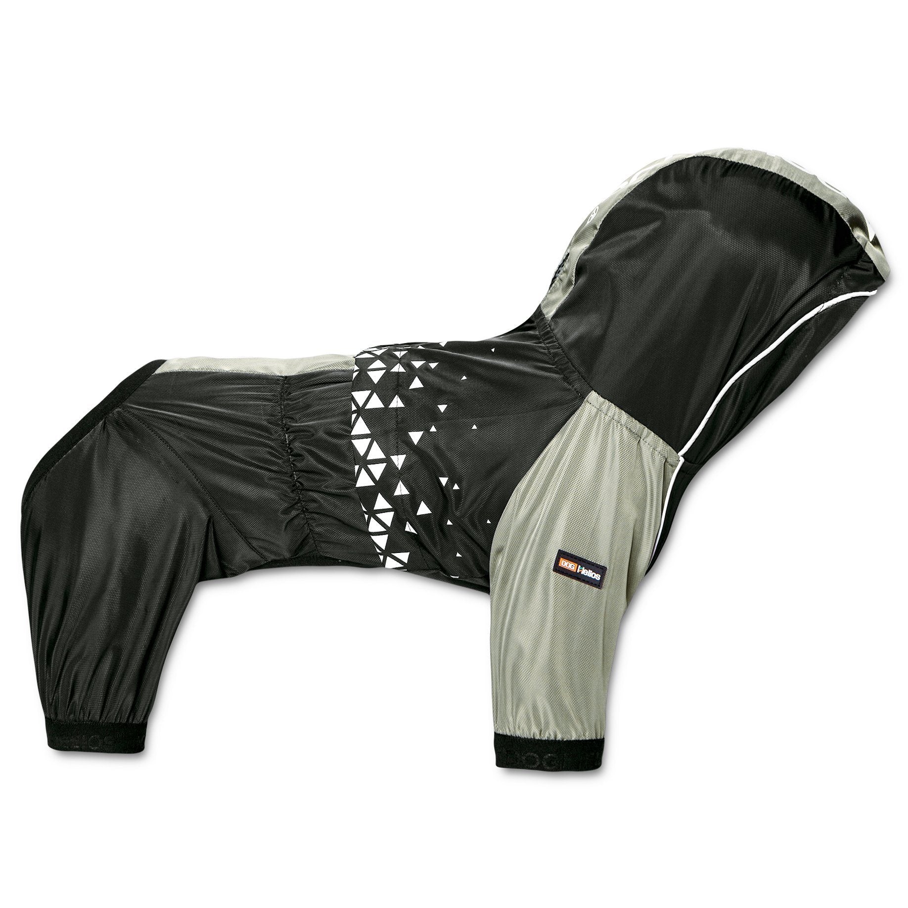 Dog wearing Pet Life Helios Vortex waterproof windbreaker jacket, full-bodied dog apparel for weather protection.