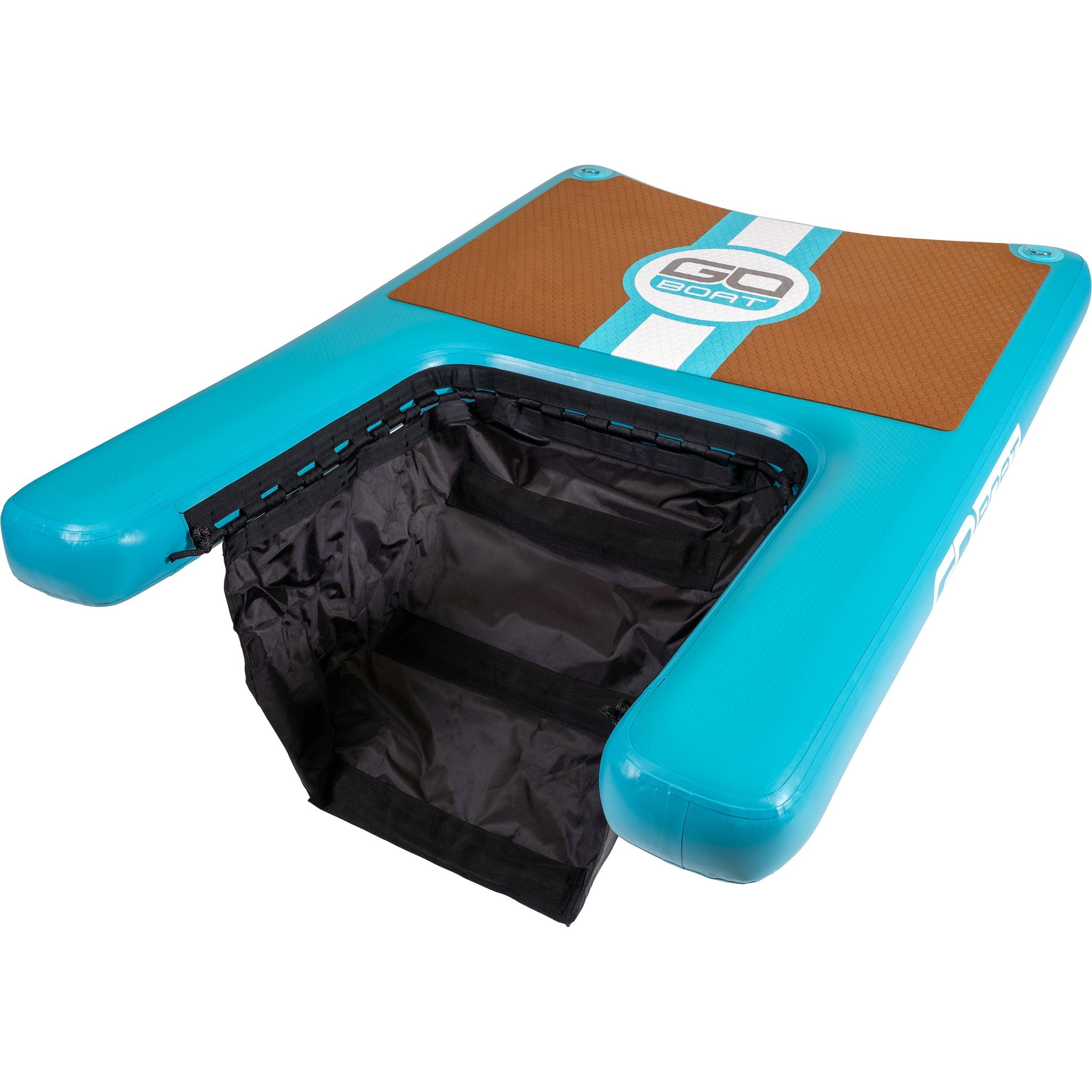 Inflatable dog dock by GoBoat with a playful dog sitting on the surface, designed for water recreation and easy portability.