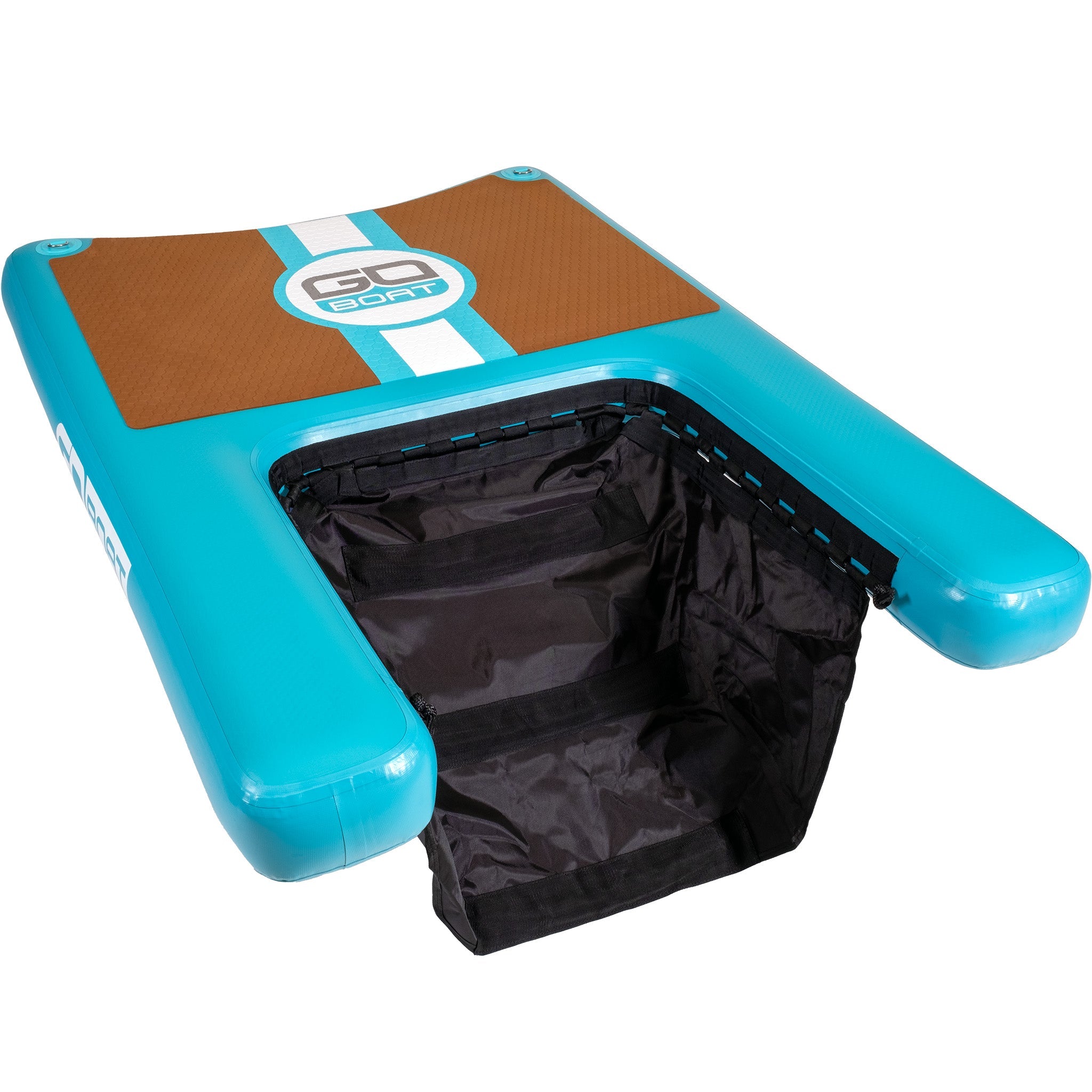 Inflatable dog dock by GoBoat with a dog relaxing on the buoyant surface, designed for easy water access and outdoor fun.