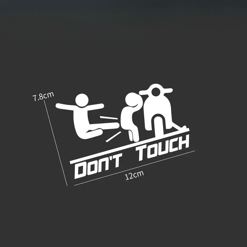 Black "Don't Touch" sticker from Bean's Moto Booth with bold white lettering, designed for motorcycle or vehicle decoration.