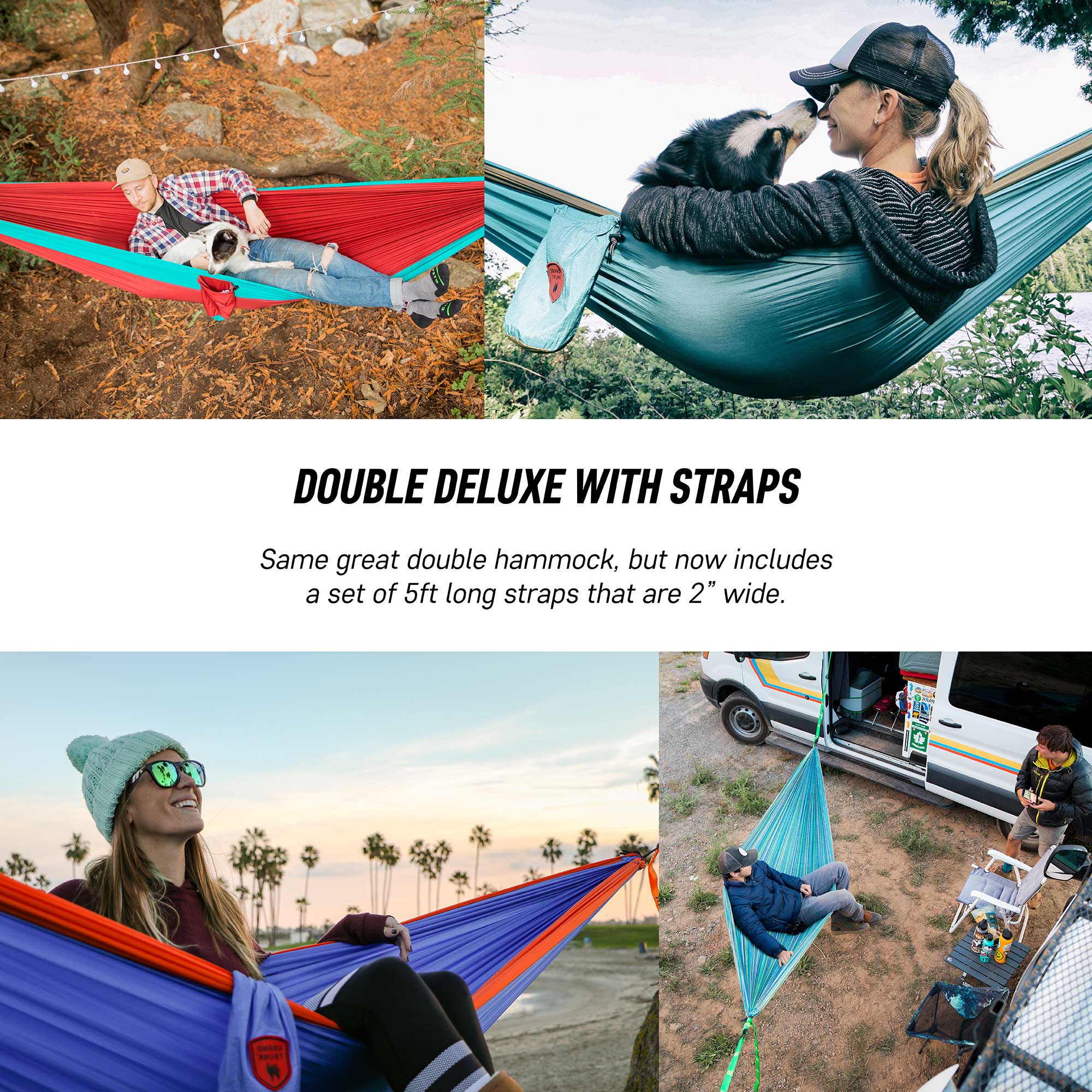 GrandTrunk Double Deluxe Hammock with straps, shown with soft fabric and sturdy suspension for outdoor relaxation.